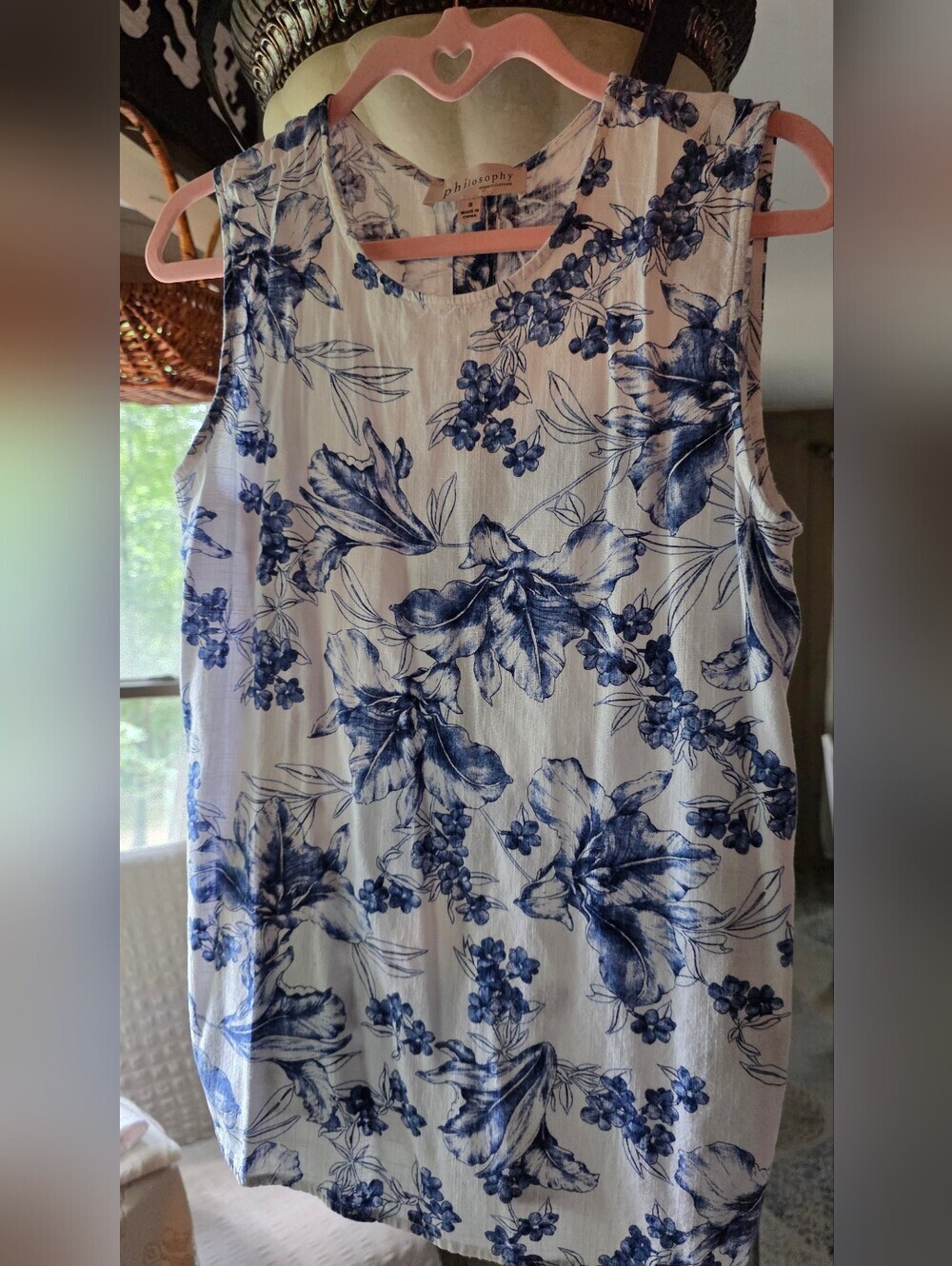 Philosophy White Tank Top with Blue Floral Print
